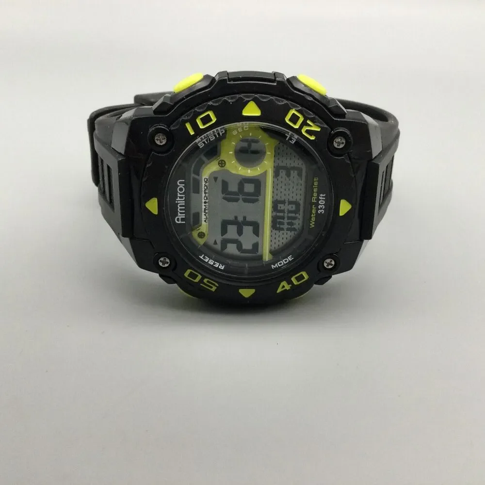 Armitron Pro Sport Digital Watch Men Black Neon Yellow Day Date 100M New Battery - Picture 6 of 14